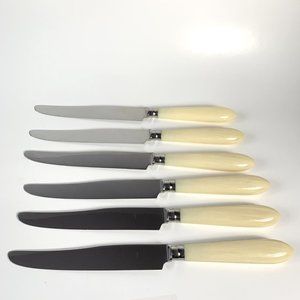 Inox Bakelite Butter Knives Flatware White Pearlescent Handle Set of 6 Vintage